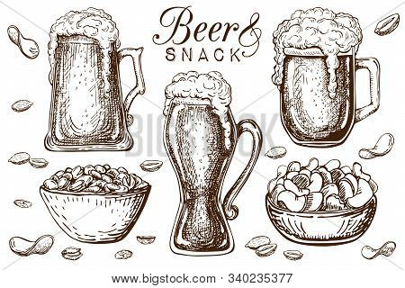 Hand Drawn Beer And Snacks Collection Isolated On White. Bar Or Pub Food Set In Vintage Style. Beer 