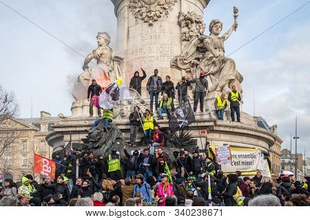 Paris, France - December 17 2019 : Protest Of The Unions Against The Retirement Pension Reform Of Th