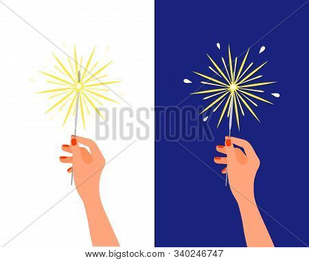 Bengal Light Fire Sparkler In Female Hand. Christmas New Year Birthday Firework, Holiday Pyrotechnic