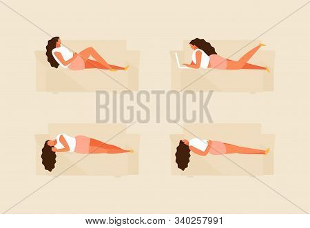 Lying Girl In Various Positions On The Couch. Vector Flat Set