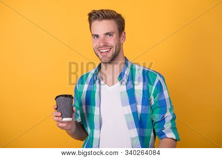 Hospitable Barista Offer You Beverage. Drink For Inspiration. Handsome Man Drink Coffee To Go Paper 
