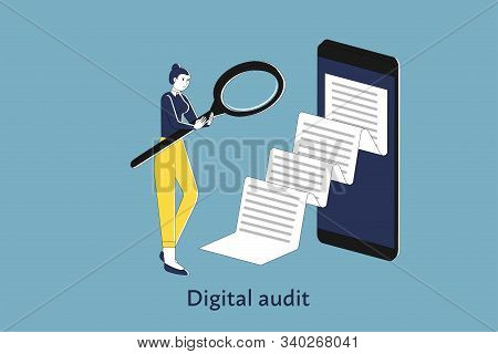Businesswoman Is Looking Through Magnifier To Document Coming From Big Smart Phone, Stock Flat Illus