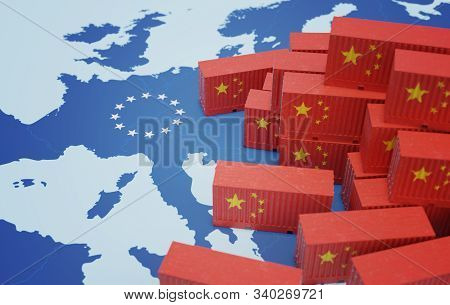 Chinese Cargo Containers On Map Of Europe. Import Of Chenese Goods Concept. 3d Rendered Illustration