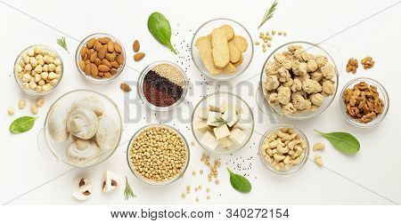 Alternative Nutrition. Assortment Of Soy Products, Nuts, Superfoods And Mushrooms, Panorama