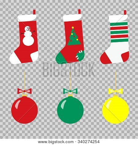 Set Of Christmas Socks And Balls Red Green And White With A Pattern Of A Snowman, Christmas Tree And