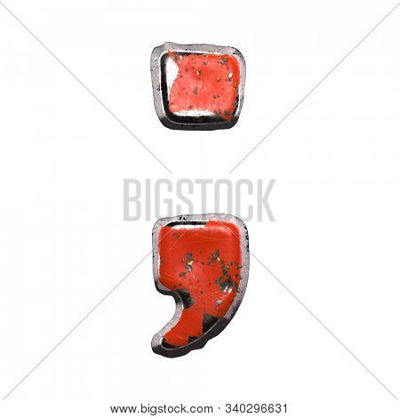 Symbol semicolon made of red paintad metal isolated on white background. 3d rendering