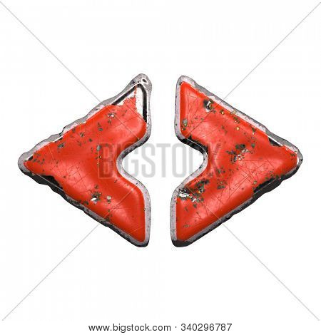 Symbol left and right angle bracket made of red paintad metal isolated on white background. 3d rendering