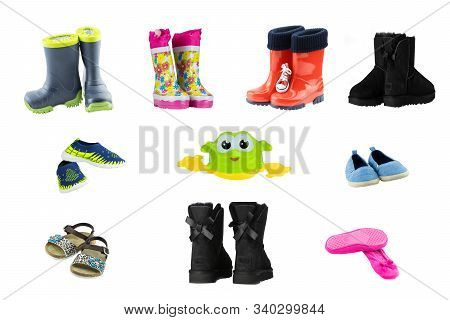 Collage Set Of Children Shoes And Boots. Collection Of Seasonable Children Shoes And Rubber Boots Is
