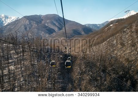 The Suspension Road To The Mountains In Winter Is The Beginning Of The Ski Resort