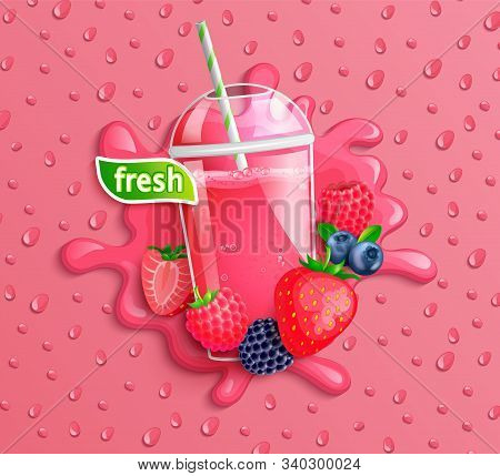 Fresh Berry Blend Juice With Slice Berries, Splash And Apteitic Drops On Background.strawberries, Bl