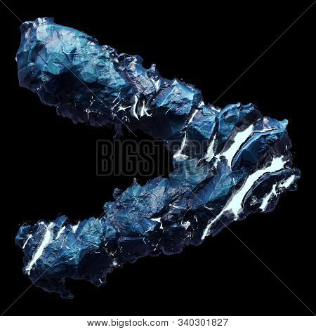 Symbol right angle bracket made of ice isolated on black background. 3d rendering