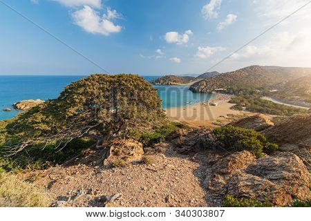 Aerial View On Beautiful Vai Palm Beach At Eastern Part Of Crete Island. Afternoon Foto. Greece Euro