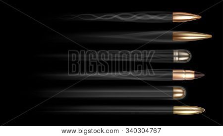 Shooting Bullets With Fire Smoke Tails, Vector Realistic Icons On Black Background. Bullet Shoot In 