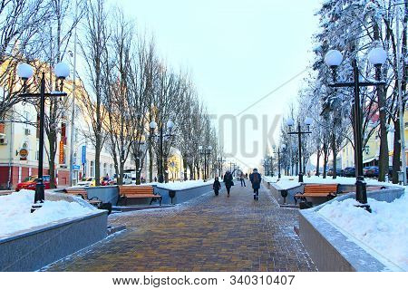 Chernihiv / Ukraine. 02 July 2019: Beautiful Winter Park With Trees Benches And Path. Benches In Col