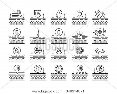 Exposure To Skin External Factors, Aging, Care, Genetics Line Black Icons Set. Human Skin Layers. Si