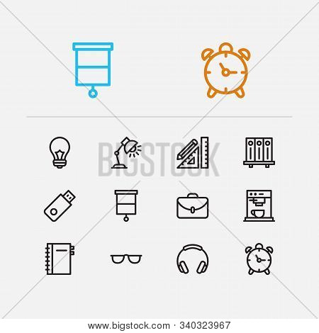 Work Icons Set. Library And Work Icons With Window, Flash Drive And Alarm. Set Of Interior For Web A