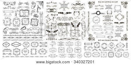 Calligraphic Design Elements . Decorative Swirls And Scrolls, Vintage Frames , Flourishes, Labels An