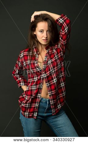 Country Style. Woman Wear Checkered Shirt. Rustic And Country. Attractive Girl. Sexy People. Youth F