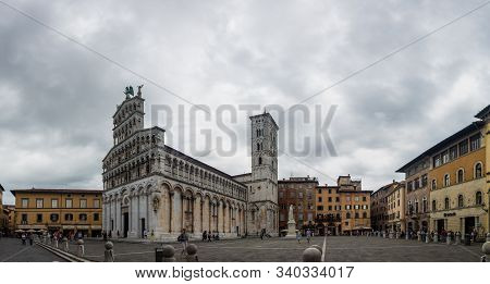 Lucca, Italy - June 6, 2019 : San Michele in Foro is a Roman Catholic basilica church, built over the ancient Roman forum. Until 1370 it was the seat of the Major Council, the commune s most important assembly. It is dedicated to Archangel Michael.