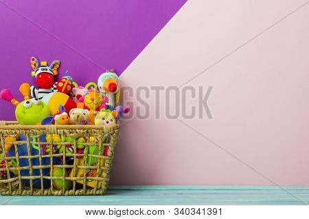 Kids Educational Developing Toys Frame On White Background. Top View. Flat Lay. Copy Space For Text