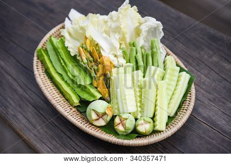 Thai Vegetable Basket / Set Of Green Vegetable Local With Cucumber Eggplant Chinese Cabbage Sesbania