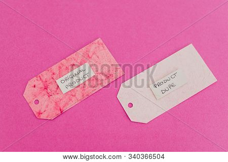 Original Product Vs Dupe Imitation Conceptual Still-life, Shopping Bags With Labels Side By Side Wit