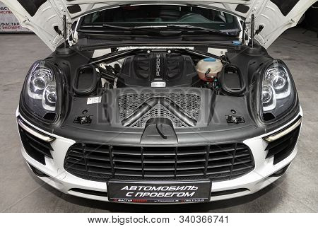 Novosibirsk, Russia - December 06, 2019:  Porsche Macan,  Closeup Of A Clean Motor Block, . Internal