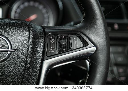 Novosibirsk, Russia - December 06, 2019:  Opel Mokka,  New Black Steering Wheel With Multifunction B