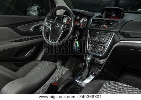 Novosibirsk, Russia - December 06, 2019:  Opel Mokka, Luxury Car Interior - Steering Wheel, Shift Le