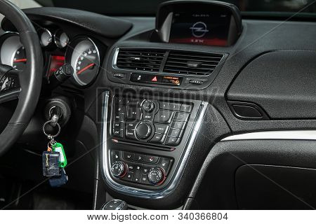 Novosibirsk, Russia - December 06, 2019:  Opel Mokka, Close-up Of The Dashboard, Monitor With Music 