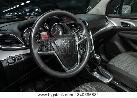 Novosibirsk, Russia - December 06, 2019:  Opel Mokka, New Car Interior - Dashboard, Player, Steering