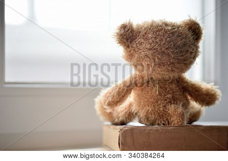 A Toy Bear Looks Out The Window On A Winter Day. The Concept Of Friendship, Loneliness And Expectati