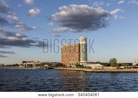 Boston, Usa - 29.9.2017: View To  The Hotel Hyatt Regency Hotel In Boston Harborside  At Airport Log