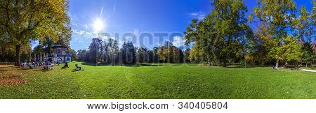 Frankfurt, Germany - Oct 18, 2017: People Enjoy Sitting At The Pavillion In Grueneburg Park. This Pa