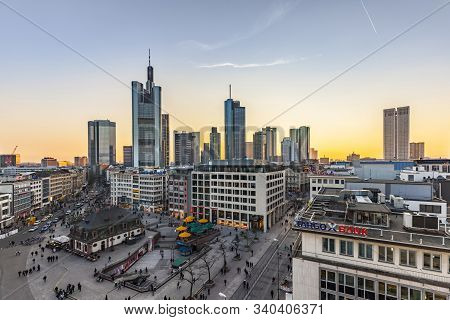 Frankfurt, Germany - Mar 18, 2016: View To Skyline Of Frankfurt In Sunset. Most Skyscrapers Belong T