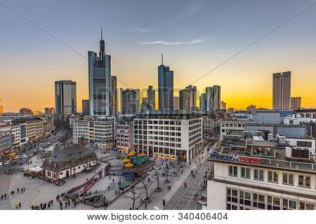 Frankfurt, Germany - Mar 18, 2016: View To Skyline Of Frankfurt In Sunset. Most Skyscrapers Belong T