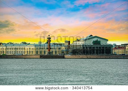 Rostral Columns On The Spit Of Vasilievsky Island. Saint Petersburg. Russia.