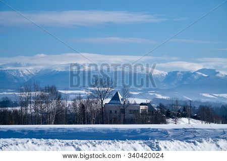 White Winter Landscape With A Snow Covered Trees In Hokkaido Island, Northern Japan