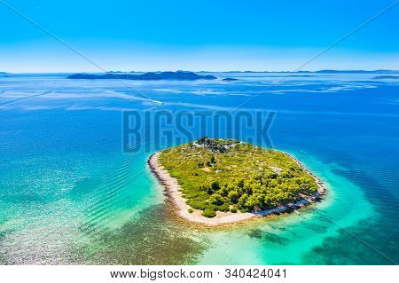 Beautiful Islands In Croatia, Blue Seascape, Archipelago On Adriatic Sea Near Pakostane