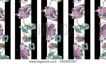 Navy Striped Print With Bouquets Of Peony, Orchids And Poppies.