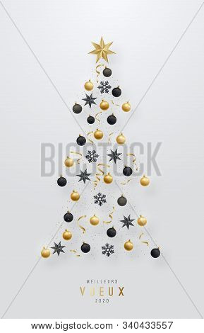 Meilleurs Voeux - Best Wishes. Christmas Tree Made Of Stars, Black And Gold Realistic Baubles And Co
