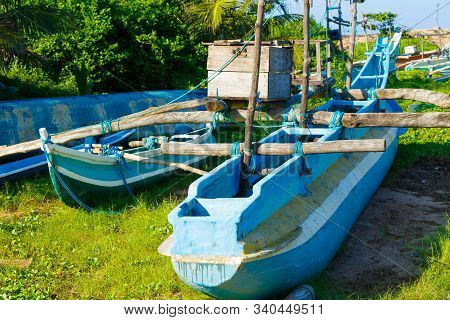 Fisherman Boats On Shore In Rajgama Wella, Galle, Sri Lanka