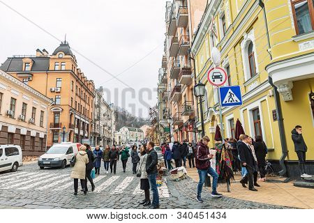 Kyiv, Ukraine - Nov 16, 2019: Famous Historical Streets Of Kyiv - Andreevsky Descent. People On Andr