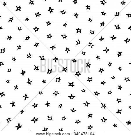 Seamless Vector Hand Drawn Star Pattern With Hand Painted Irregular Black Outline Star In Wavy Movem