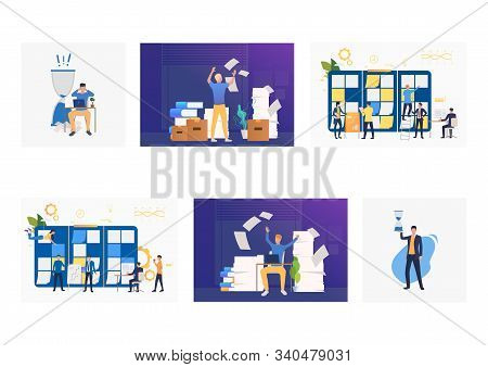 Work Planning Set. Employees Working At Night, Throwing Papers, Sticking Notes On Planning Board. Fl