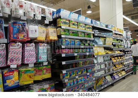 Scotch Brite Sponges And Other Brands Cleaning Cloth, Scrubs Displayed For Sale. Microfiber Cleaning