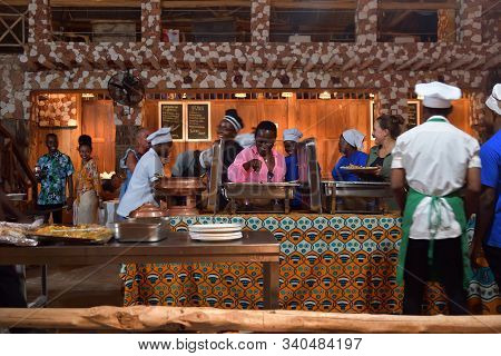 Kendwa, Tanzania - October 5, 2019: Kendwa Rocks Resort Customers Having Dinner At A Hotel Restauran