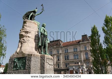 Ljubljana, Slovenia - June 10, 2019: Monument Of Preseren, Slovenian Famous Poet, In Preseren Square