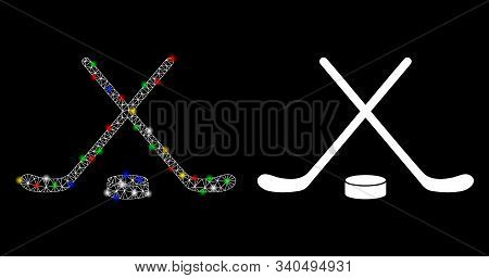 Glossy Mesh Hockey Icon With Lightspot Effect. Abstract Illuminated Model Of Hockey. Shiny Wire Carc