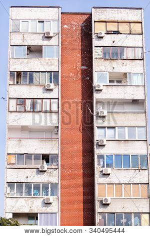 Communist Socialist Architecture. Architectural Detail And Pattern Of Social Residential Of Apartmen